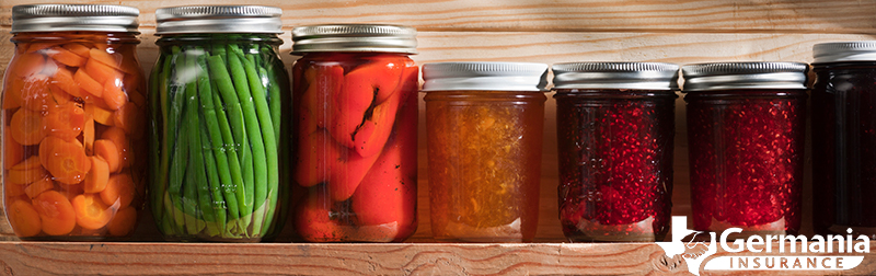 A row of several vegetables preserved in jars.