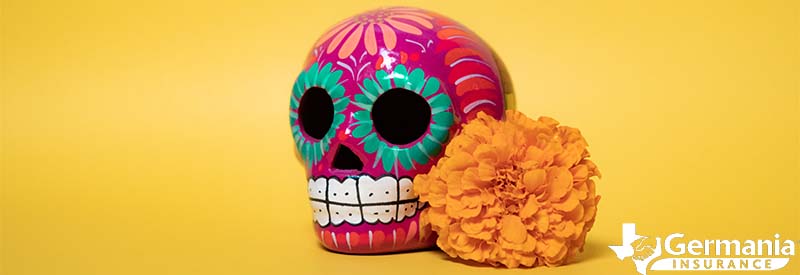 A sugar skull, calavera, and a marigold for Dia de los Muertos, Day of the Dead