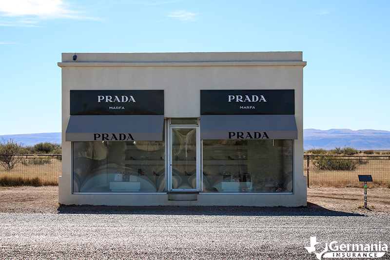 A picture of the Marfa Prada building in Marfa Texas